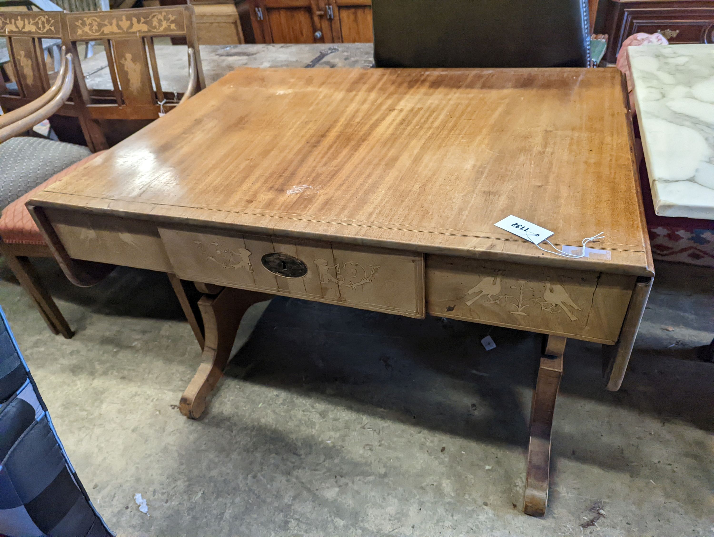 An early 19th century Danish marquetry inlaid mahogany sofa table (sunbleached), width 102cm, depth 76cm, height 73cm